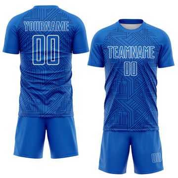 Custom Blue Royal-White Geometric Maze Interlocking Lin Sublimation Soccer Uniform Jersey
