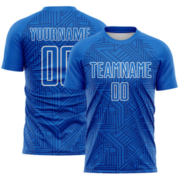 Custom Blue Royal-White Geometric Maze Interlocking Lin Sublimation Soccer Uniform Jersey