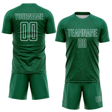 Custom Kelly Green-White Geometric Maze Interlocking Lin Sublimation Soccer Uniform Jersey
