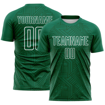 Custom Kelly Green-White Geometric Maze Interlocking Lin Sublimation Soccer Uniform Jersey