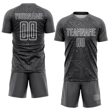 Custom Steel Gray Black-White Geometric Maze Interlocking Lin Sublimation Soccer Uniform Jersey