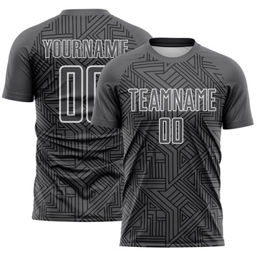 Custom Steel Gray Black-White Geometric Maze Interlocking Lin Sublimation Soccer Uniform Jersey