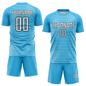 Custom Sky Blue White-Black Stripe Diagonal Grid Sublimation Soccer Uniform Jersey