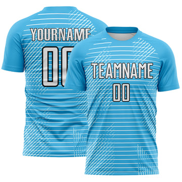 Custom Sky Blue White-Black Stripe Diagonal Grid Sublimation Soccer Uniform Jersey