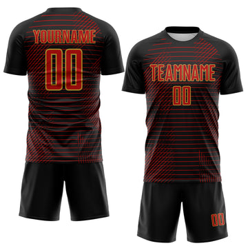 Custom Black Red-Old Gold Stripe Diagonal Grid Sublimation Soccer Uniform Jersey