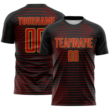 Custom Black Red-Old Gold Stripe Diagonal Grid Sublimation Soccer Uniform Jersey