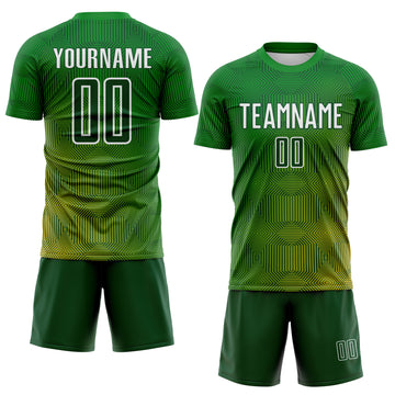 Custom Green Gold-White Gradient Geometric Maze Lines Sublimation Soccer Uniform Jersey