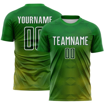 Custom Green Gold-White Gradient Geometric Maze Lines Sublimation Soccer Uniform Jersey