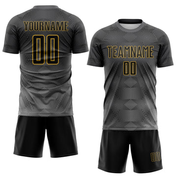 Custom Steel Gray Black White-Old Gold Gradient Geometric Maze Lines Sublimation Soccer Uniform Jersey