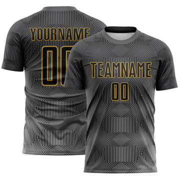 Custom Steel Gray Black White-Old Gold Gradient Geometric Maze Lines Sublimation Soccer Uniform Jersey
