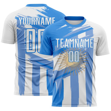 Custom Powder Blue-White Stripe Brush Stroke Argentina Sublimation Soccer Uniform Jersey