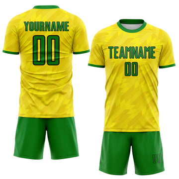 Custom Light Yellow Grass Green-Black Geometric Triangle Brazil Sublimation Soccer Uniform Jersey