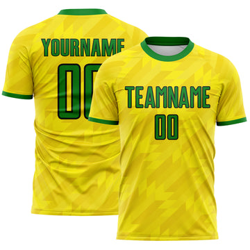 Custom Light Yellow Grass Green-Black Geometric Triangle Brazil Sublimation Soccer Uniform Jersey