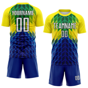 Custom Light Yellow White Grass Green Royal-Black Geometric Grid Diamond Brazil Sublimation Soccer Uniform Jersey