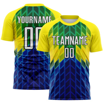 Custom Light Yellow White Grass Green Royal-Black Geometric Grid Diamond Brazil Sublimation Soccer Uniform Jersey