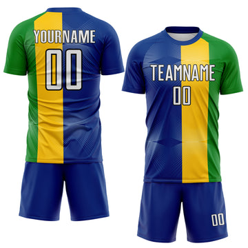Custom Royal White Yellow Grass Green-Black Stripe Curved Line Brazil Sublimation Soccer Uniform Jersey