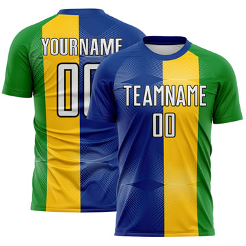 Custom Royal White Yellow Grass Green-Black Stripe Curved Line Brazil Sublimation Soccer Uniform Jersey