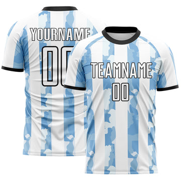 Custom White Light Blue-Black Stripe Abstract Camo Argentina Sublimation Soccer Uniform Jersey