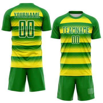 Custom Grass Green Light Yellow-White Stripe Diamond Grid Brazil Sublimation Soccer Uniform Jersey