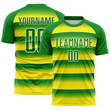 Custom Grass Green Light Yellow-White Stripe Diamond Grid Brazil Sublimation Soccer Uniform Jersey