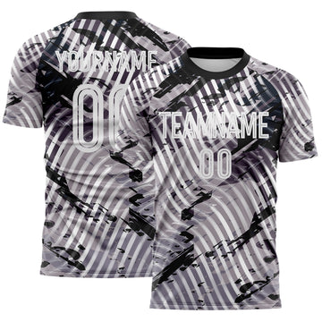 Custom Gray White-Black Abstract Swirl Wave Grunge Splatter Sublimation Soccer Uniform Jersey