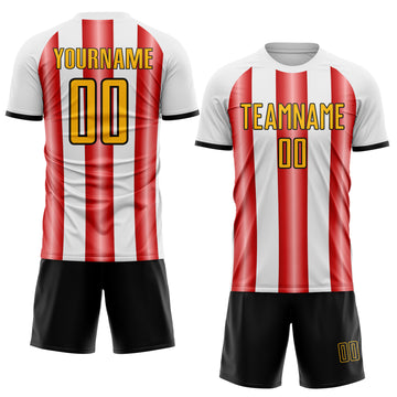 Custom White Gold Red-Black Gradient Vertical Stripe Argentina Style Sublimation Soccer Uniform Jersey