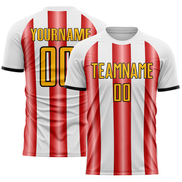Custom White Gold Red-Black Gradient Vertical Stripe Argentina Style Sublimation Soccer Uniform Jersey