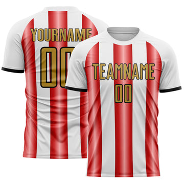 Custom White Old Gold Red-Black Gradient Vertical Stripe Argentina Style Sublimation Soccer Uniform Jersey