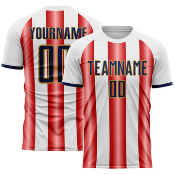 Custom White Navy Red-Old Gold Gradient Vertical Stripe Argentina Style Sublimation Soccer Uniform Jersey
