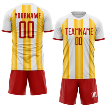 Custom White Red-Gold Gradient Vertical Stripe Argentina Style Sublimation Soccer Uniform Jersey