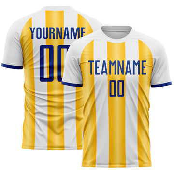 Custom White Royal-Gold Gradient Vertical Stripe Argentina Style Sublimation Soccer Uniform Jersey