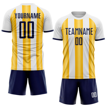 Custom White Navy-Gold Gradient Vertical Stripe Argentina Style Sublimation Soccer Uniform Jersey