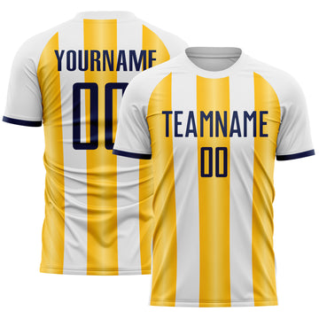 Custom White Navy-Gold Gradient Vertical Stripe Argentina Style Sublimation Soccer Uniform Jersey