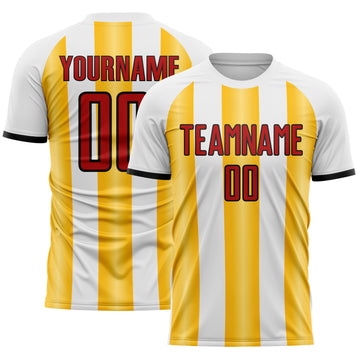 Custom White Red Gold-Black Gradient Vertical Stripe Argentina Style Sublimation Soccer Uniform Jersey