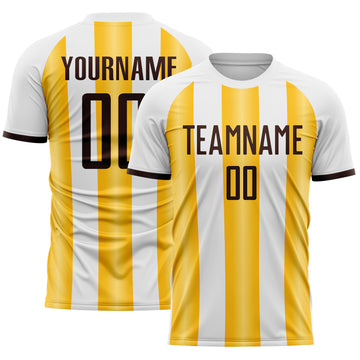 Custom White Brown-Gold Gradient Vertical Stripe Argentina Style Sublimation Soccer Uniform Jersey
