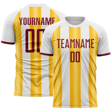 Custom White Crimson-Gold Gradient Vertical Stripe Argentina Style Sublimation Soccer Uniform Jersey