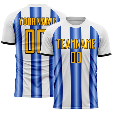 Custom White Gold Royal-Black Gradient Vertical Stripe Argentina Style Sublimation Soccer Uniform Jersey