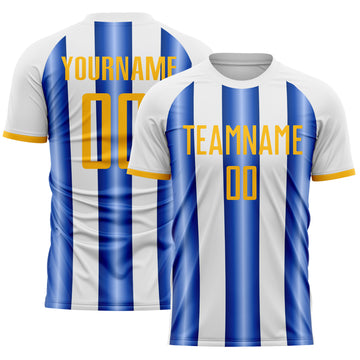 Custom White Gold-Royal Gradient Vertical Stripe Argentina Style Sublimation Soccer Uniform Jersey