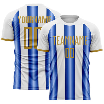 Custom White Old Gold-Royal Gradient Vertical Stripe Argentina Style Sublimation Soccer Uniform Jersey
