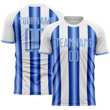 Custom White Light Blue-Royal Gradient Vertical Stripe Argentina Style Sublimation Soccer Uniform Jersey