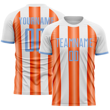 Custom White Light Blue-Orange Gradient Vertical Stripe Argentina Style Sublimation Soccer Uniform Jersey