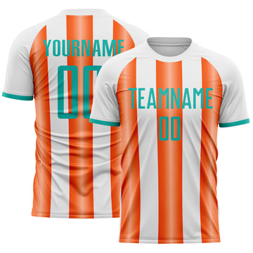 Custom White Aqua-Orange Gradient Vertical Stripe Argentina Style Sublimation Soccer Uniform Jersey