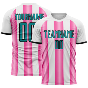 Custom White Teal Pink-Black Gradient Vertical Stripe Argentina Style Sublimation Soccer Uniform Jersey