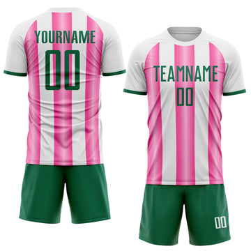 Custom White Kelly Green-Pink Gradient Vertical Stripe Argentina Style Sublimation Soccer Uniform Jersey