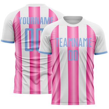 Custom White Light Blue-Pink Gradient Vertical Stripe Argentina Style Sublimation Soccer Uniform Jersey