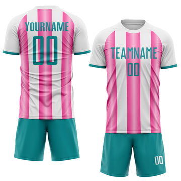 Custom White Teal-Pink Gradient Vertical Stripe Argentina Style Sublimation Soccer Uniform Jersey