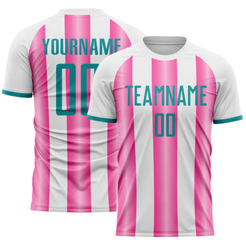 Custom White Teal-Pink Gradient Vertical Stripe Argentina Style Sublimation Soccer Uniform Jersey