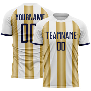 Custom White Navy-Old Gold Gradient Vertical Stripe Argentina Style Sublimation Soccer Uniform Jersey