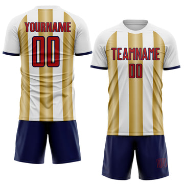 Custom White Red Old Gold-Navy Gradient Vertical Stripe Argentina Style Sublimation Soccer Uniform Jersey