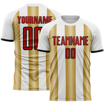Custom White Red Old Gold-Black Gradient Vertical Stripe Argentina Style Sublimation Soccer Uniform Jersey